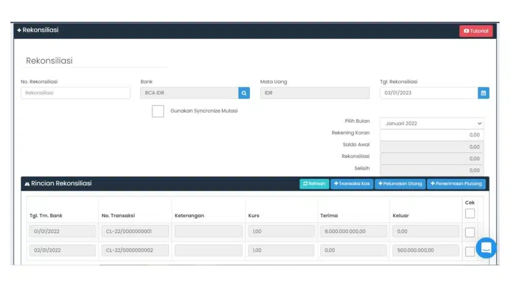 rekonsiliasi bank MASERP daftar kas utang dan piutang