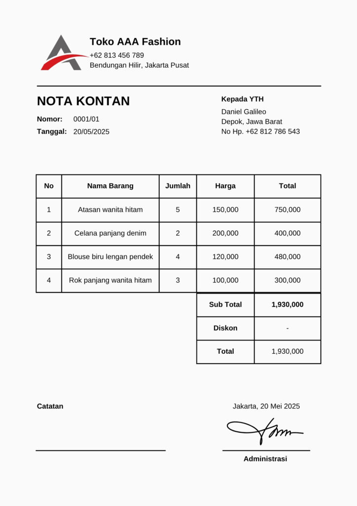 contoh nota kontan